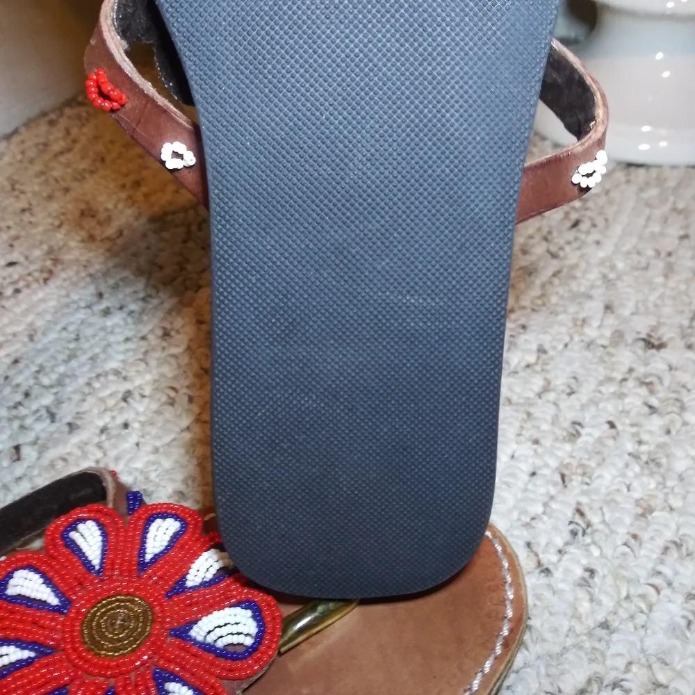 Boho Handmade Red, White, Blue & Gold Beaded Flower Thong Sandals - Picture 8 of 9